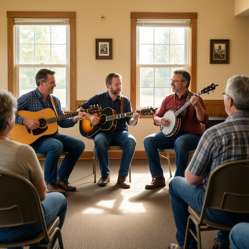 Musicians play guitar and banjo for a seated audience at a bluegrass and gospel jam session