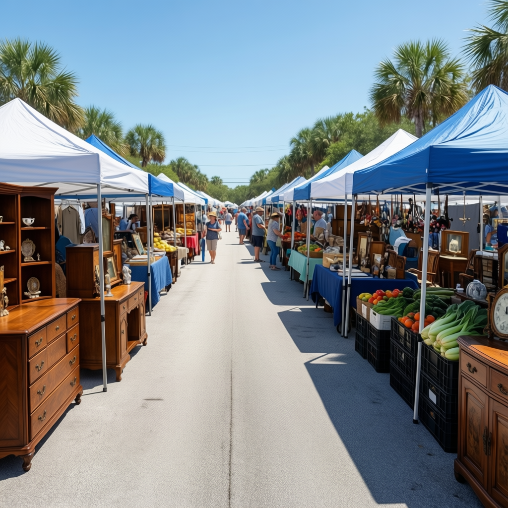 Vendor tents and shoppers browsing furniture and produce at the Oldsmar Flea Market