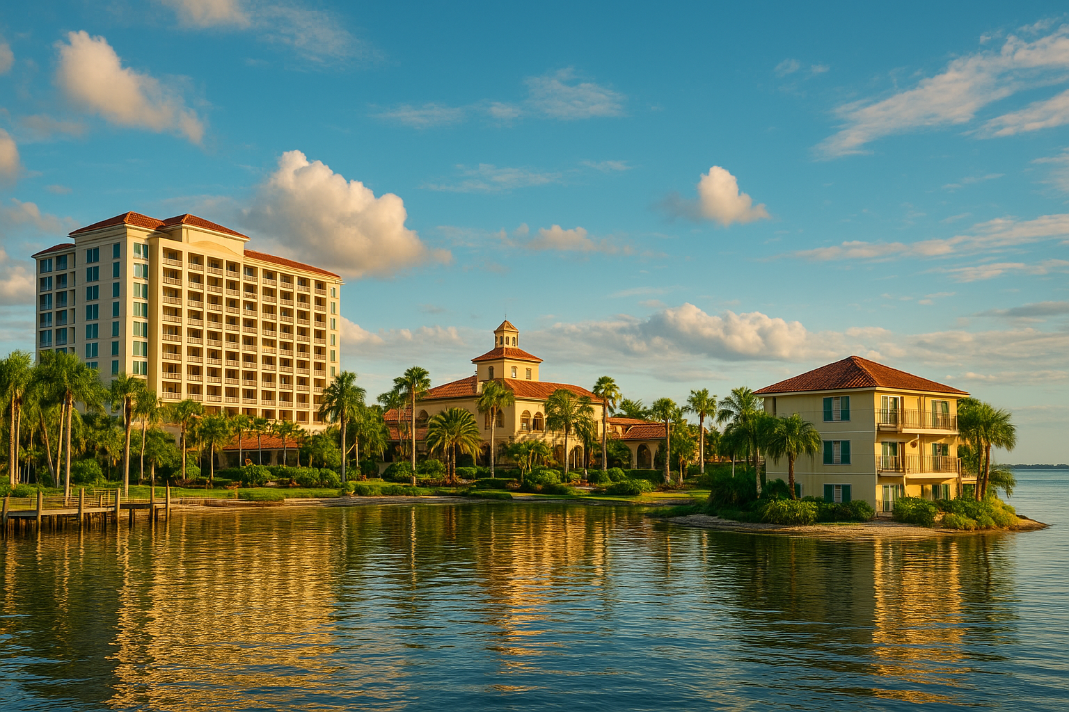Waterfront resort hotel buildings framed by palm trees and reflected in calm water at golden hour