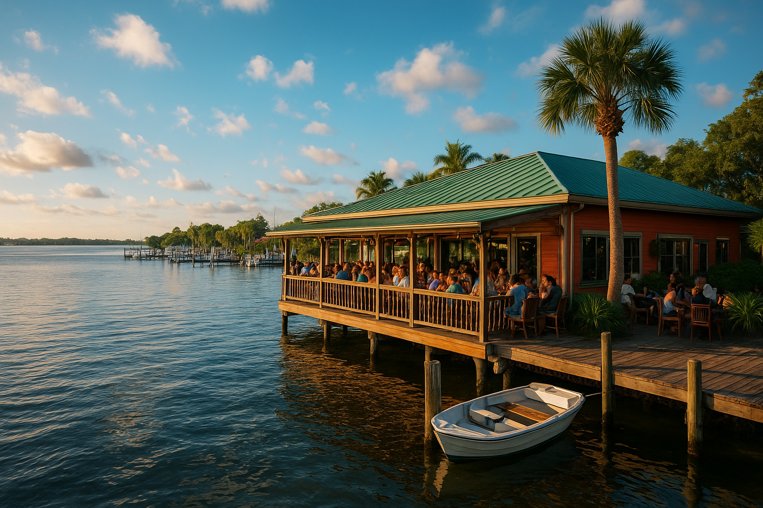 Waterfront restaurant on stilts with open-air deck seating over the water and a small boat at the dock