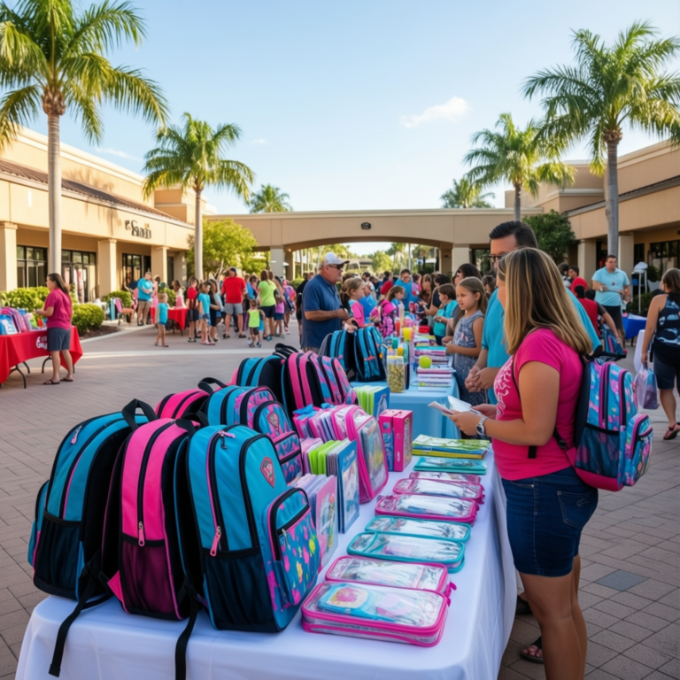 Families browsing tables of donated backpacks and school supplies at the Back to School Blast