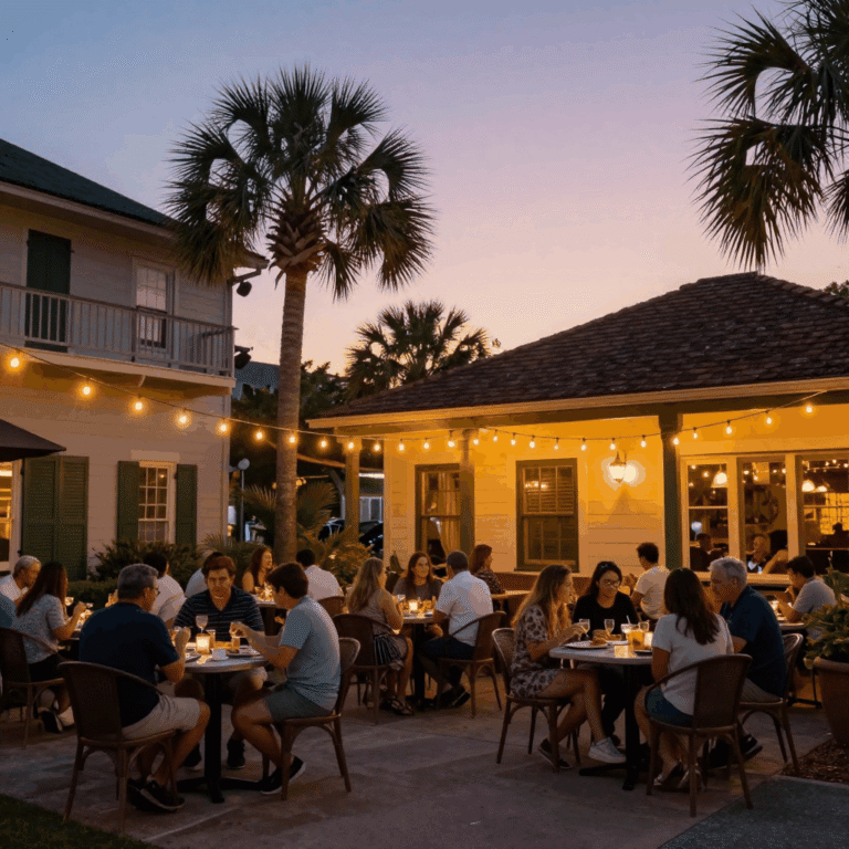 Diners at outdoor patio tables under warm string lights at dusk in downtown New Port Richey
