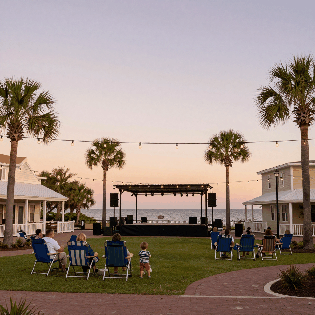 Outdoor waterfront stage at dusk with string lights overhead and families watching from lawn chairs