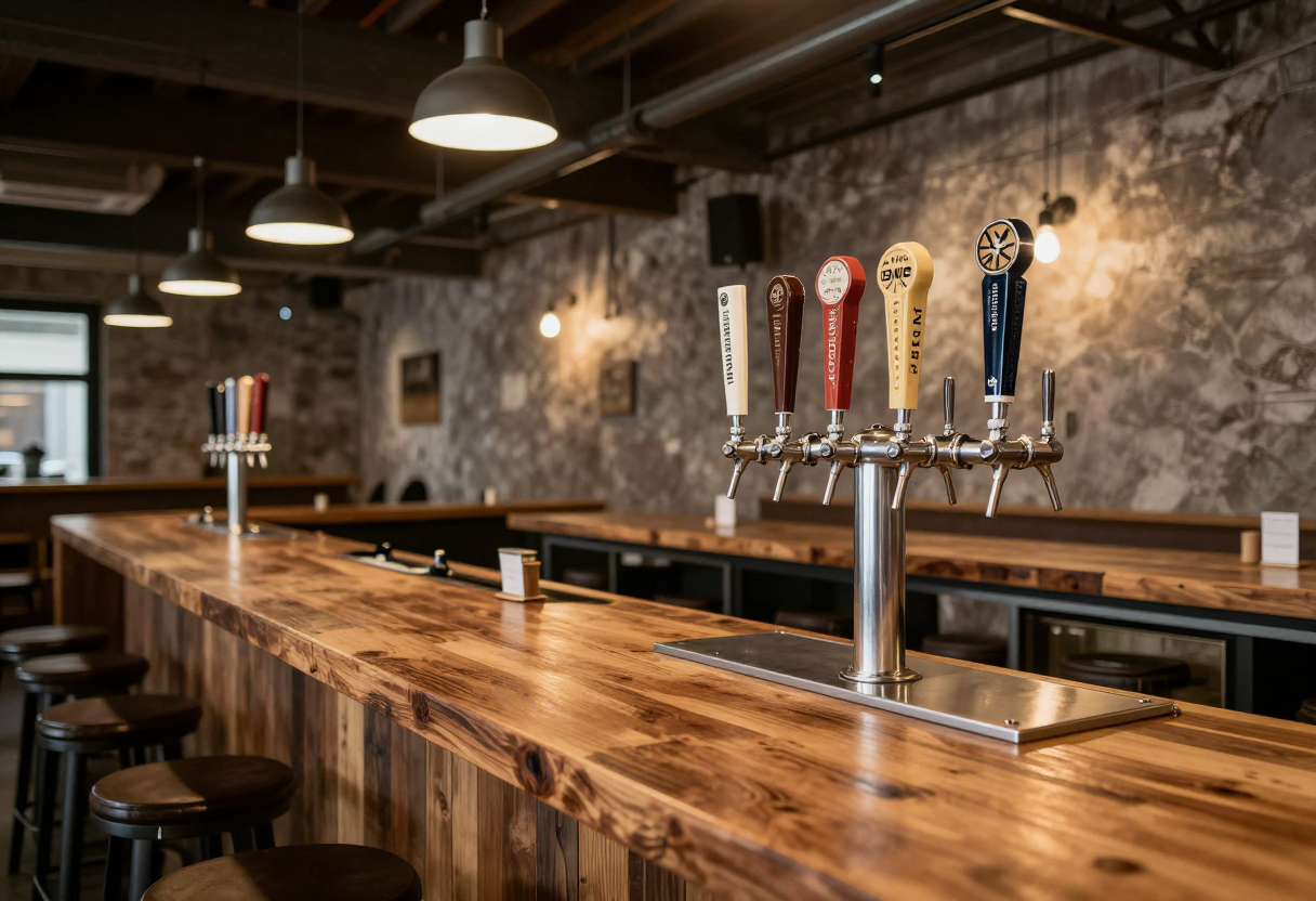 Illustrative interior of a craft brewery taproom with a wooden bar and beer taps — not a photo of the actual location.