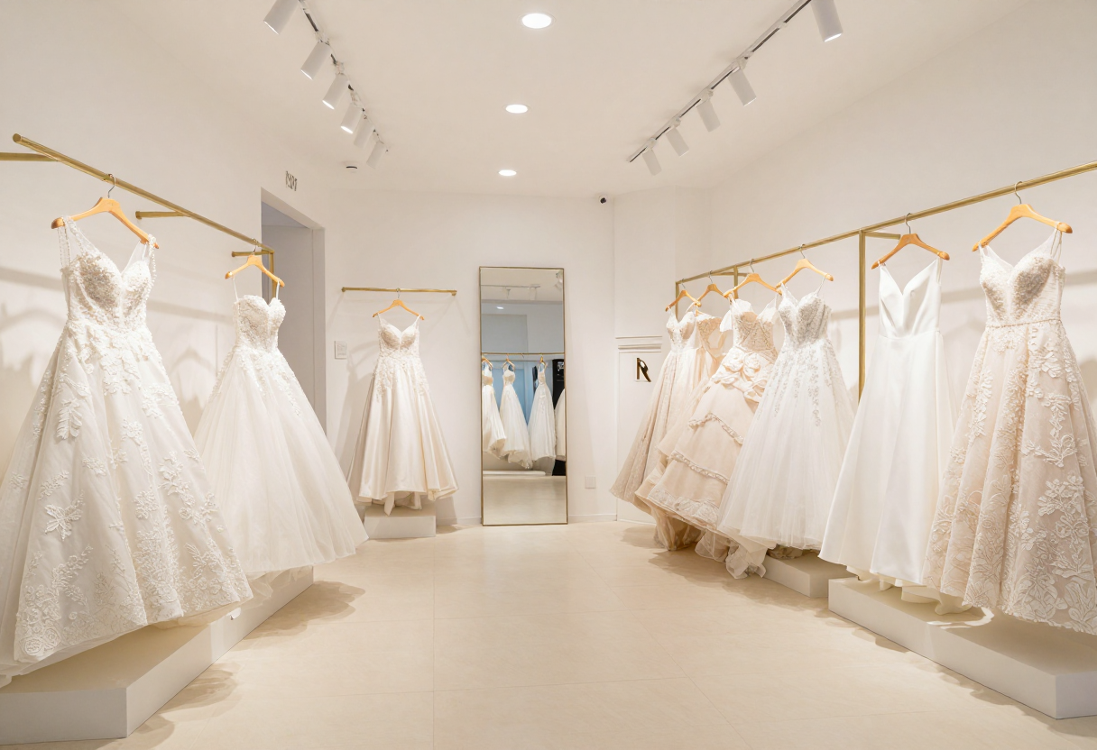 Illustrative interior of a bridal and formalwear boutique with dresses on display — not a photo of the actual store.
