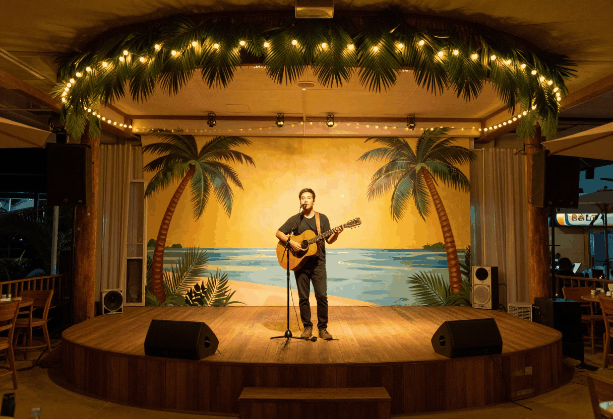 Illustrative AI-generated image of a small theater stage decorated with tropical string lights and palm decor