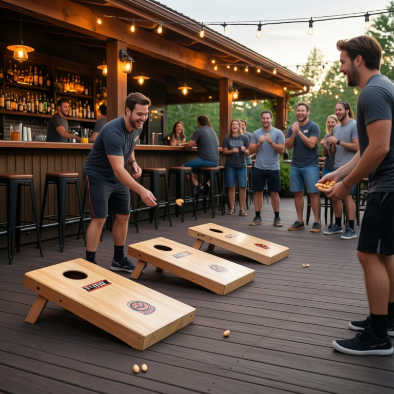 Players toss bean bags at cornhole boards on an outdoor bar patio while a crowd cheers