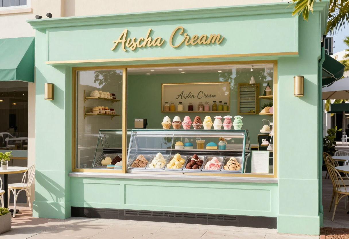 Small-batch ice cream shop storefront with pastel green and gold color scheme and outdoor patio