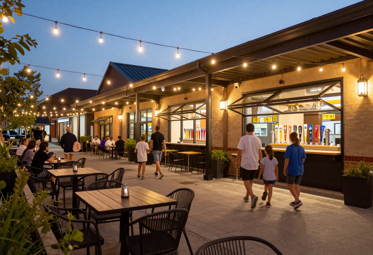 Outdoor mixed-use dining plaza at dusk with string lights and self-pour beer taps visible