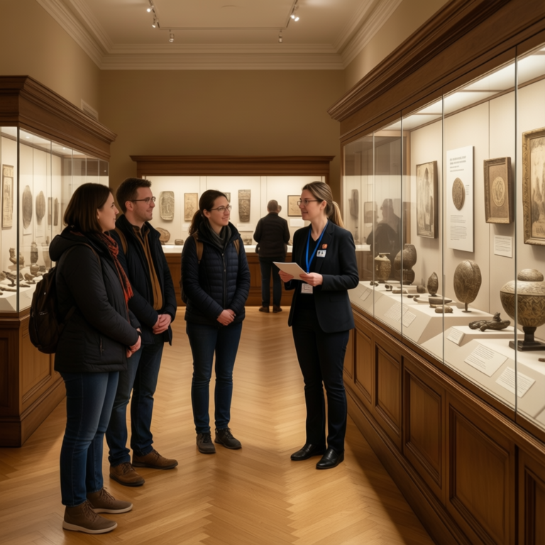 A museum docent leads visitors past display cases of historical artifacts during a guided tour
