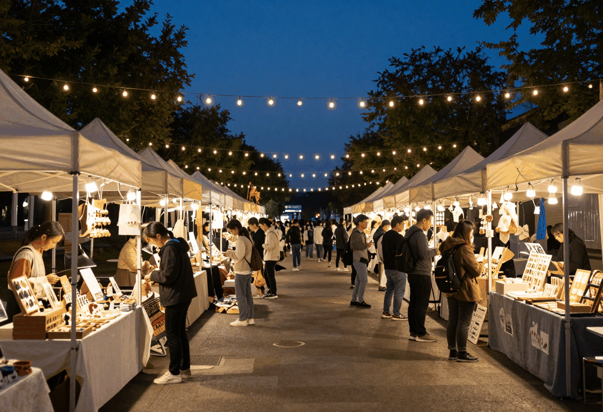 Illustrative AI-generated image of an outdoor evening night market with string lights and vendor tents