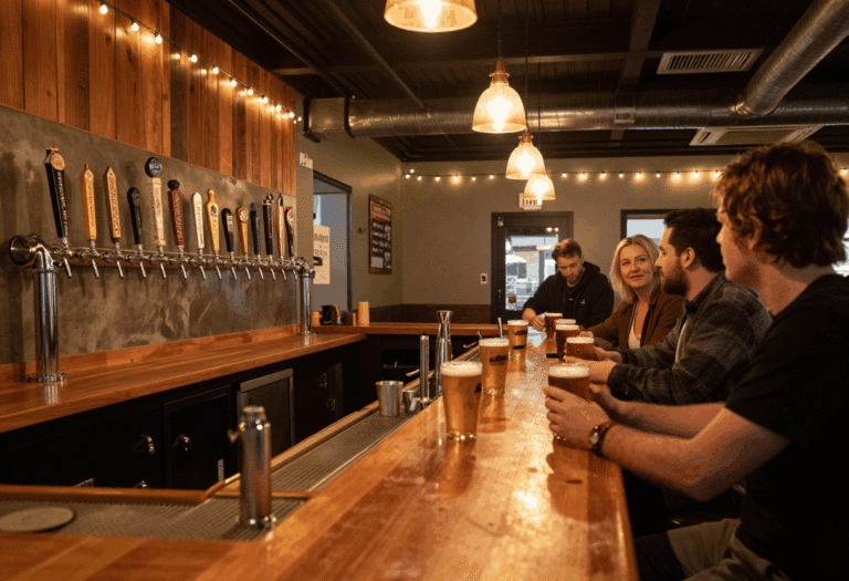 Illustrative image of a craft brewery taproom interior with a row of beer taps, a wooden bar, string lights, and patrons enjoying pints, representing the kind of taproom atmosphere found at Pasco County breweries
