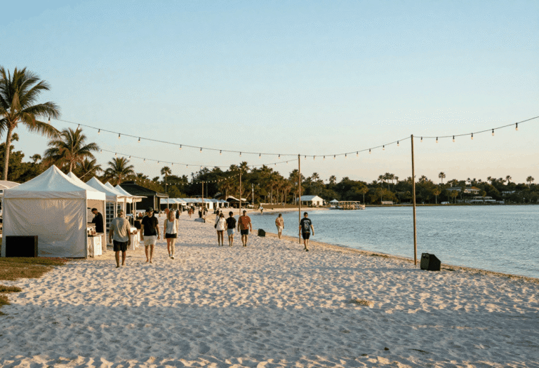 Illustrative evening scene of a lakeside festival with string lights, food vendor tents, and people walking along a white sand beach, representing the kind of beachside atmosphere at SunWest Park during the Scallop & Music Festival
