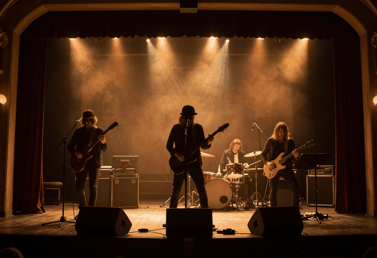 Illustrative AI-generated image of a rock band performing on an intimate theater stage with warm amber lighting