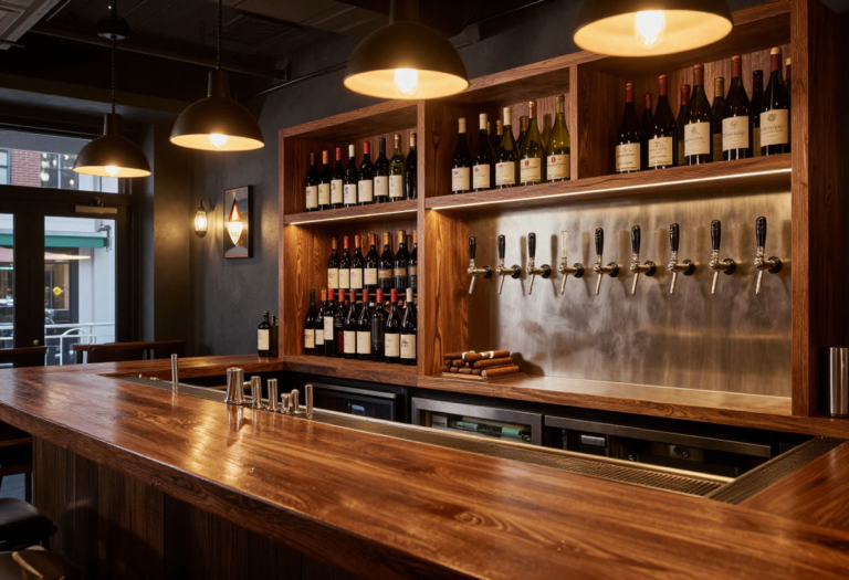 Illustrative interior of an upscale tap house bar with wood tones and a wine and cigar display — not a photo of the actual location.
