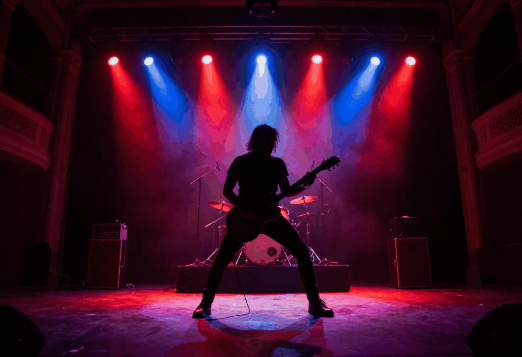 Illustrative AI-generated image of a high-energy rock concert stage with red and blue lighting