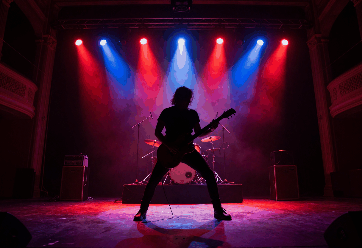 Illustrative AI-generated image of a high-energy rock concert stage with red and blue lighting