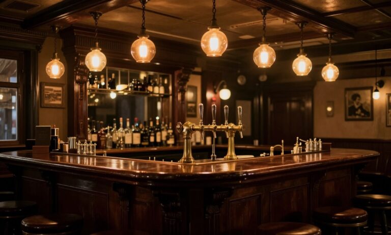 A dark wood pub bar with brass taps under amber pendant lights