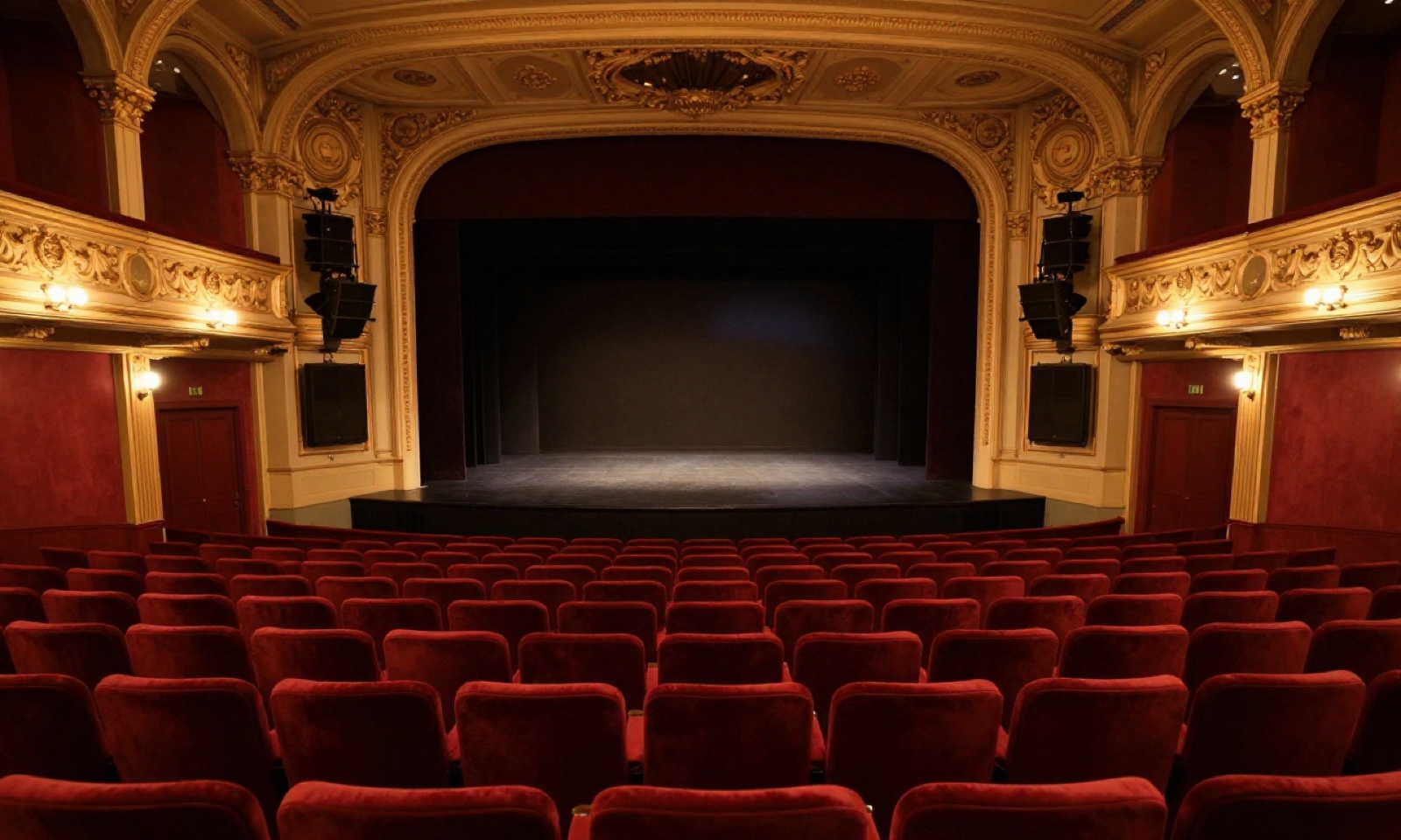 Rows of red velvet seats facing a lit stage in a historic theatre