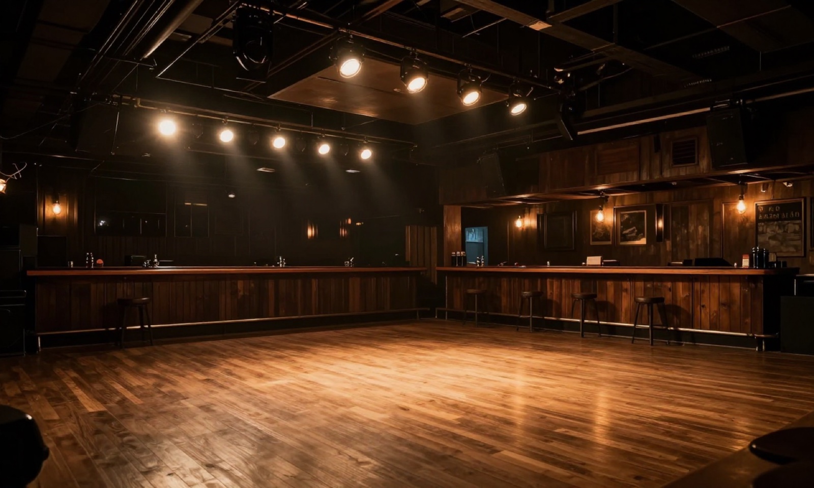 A large empty wooden dance floor in a country music hall with a long bar