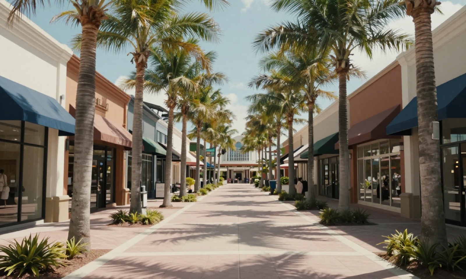 An open-air shopping plaza lined with palm trees