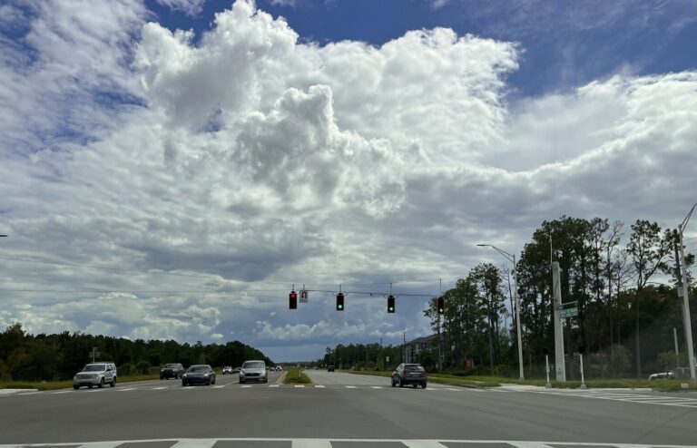 Road intersection with a Bruce B. Downs Blvd street sign under a cloudy sky in Wesley Chapel